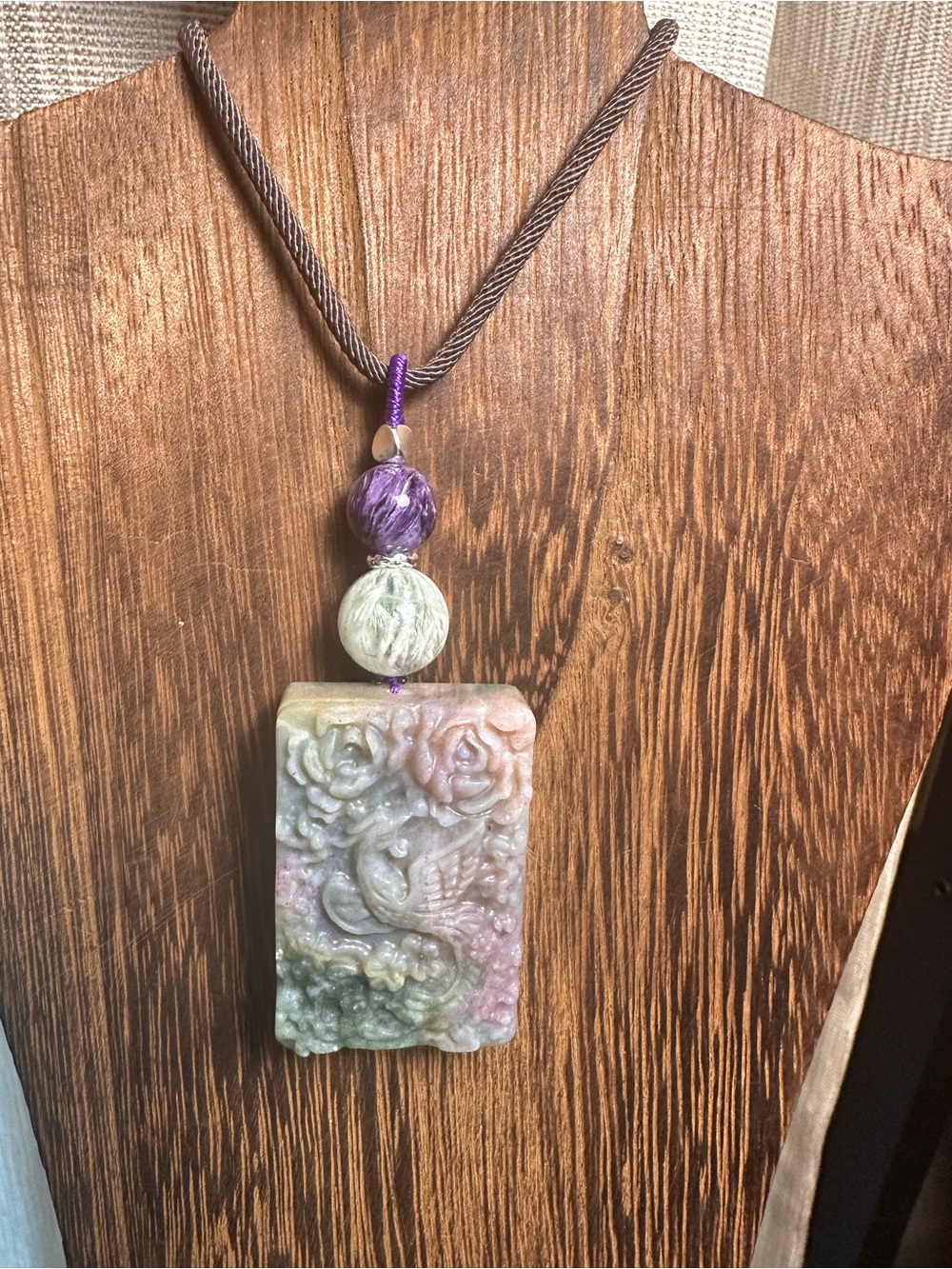 Ocean Jasper Phoenix Pendant Necklace with Feather Fluorite on Brown Rope - Picture 2 of 15